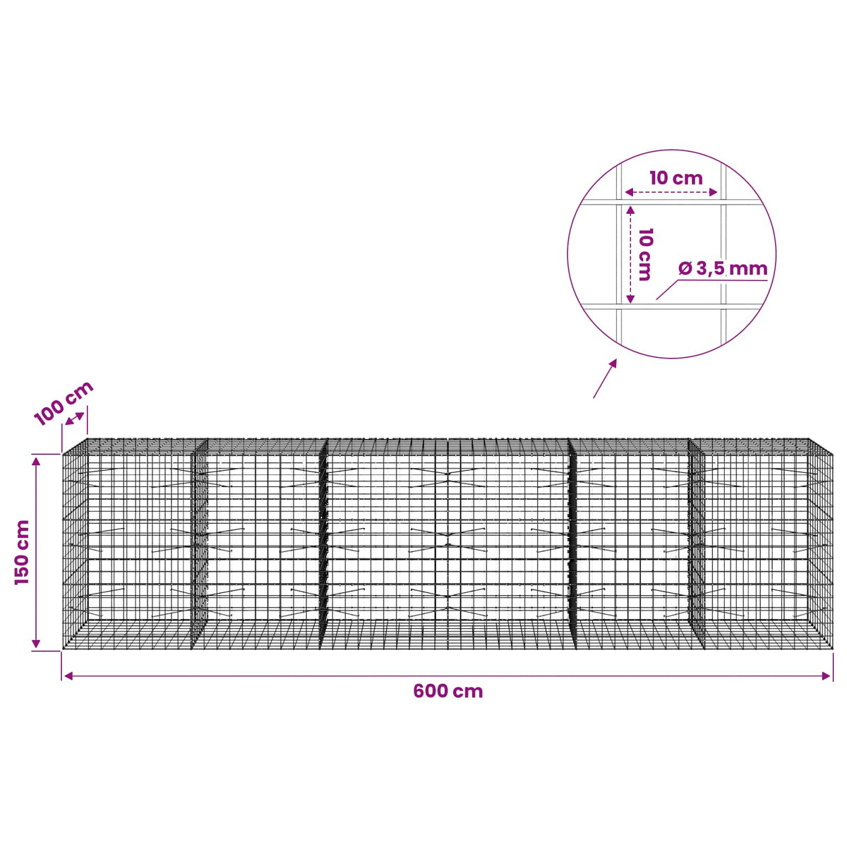 Gabion with 3.5 mm Wire and 10x10 cm Mesh 600x100x150 cm