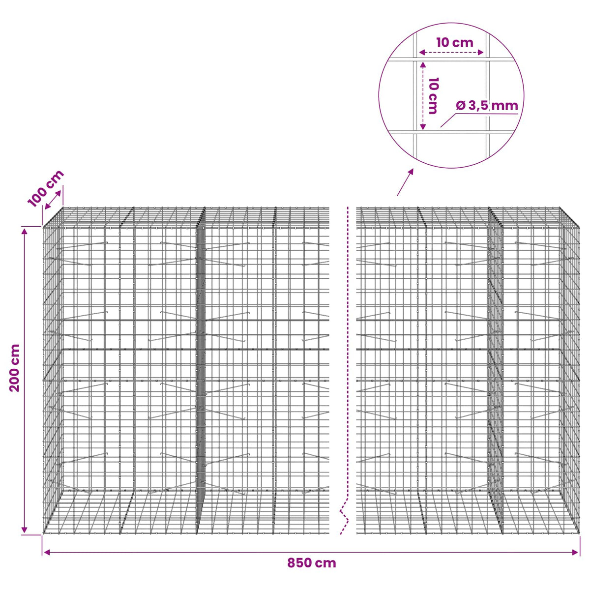 Gabion with 3.5 mm Wire and 10x10 cm Mesh 850x100x200 cm