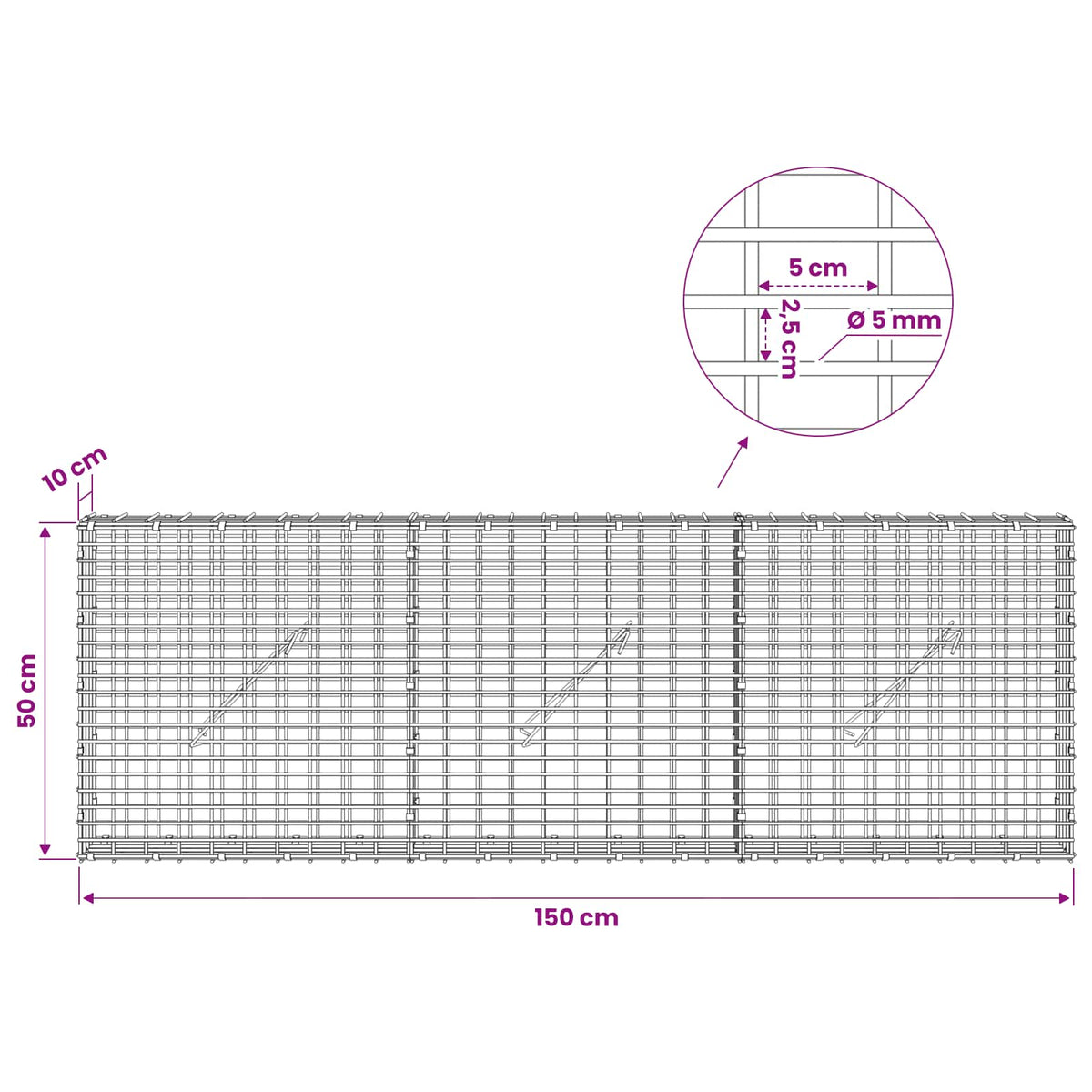 Gabion with 5 mm Wire and 5x2.5 cm Mesh 150x10x50 cm