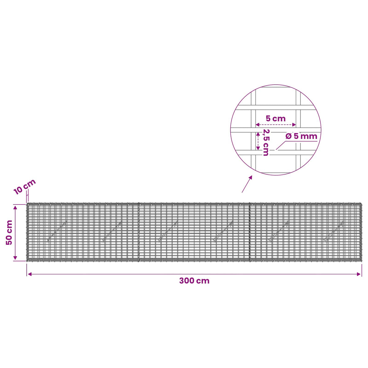 Gabion with 5 mm Wire and 5x2.5 cm Mesh 300x10x50 cm