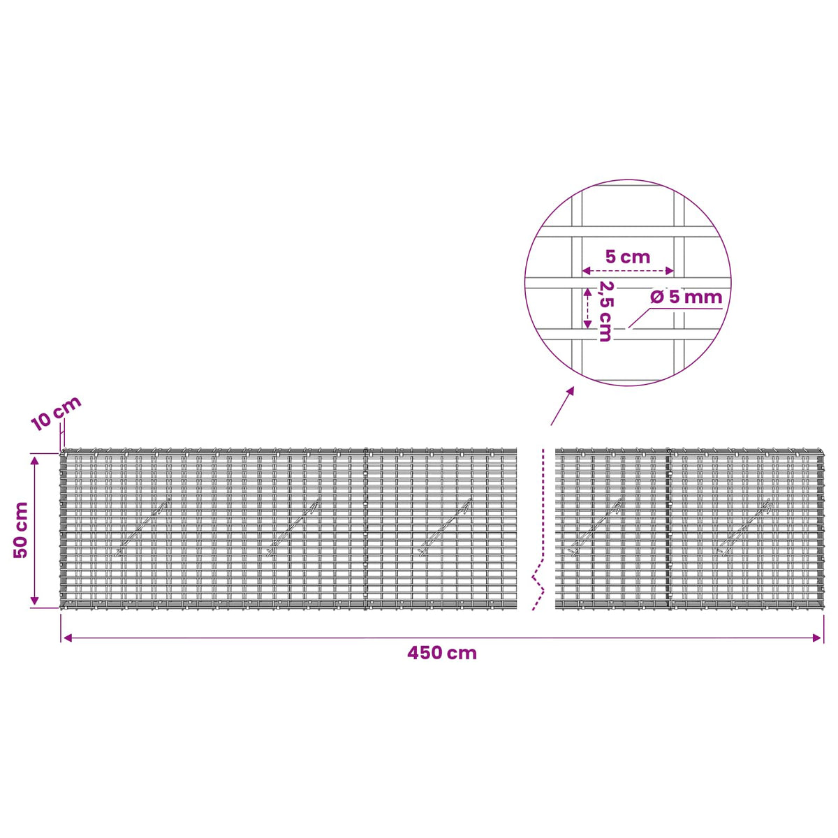 Gabion with 5 mm Wire and 5x2.5 cm Mesh 450x10x50 cm