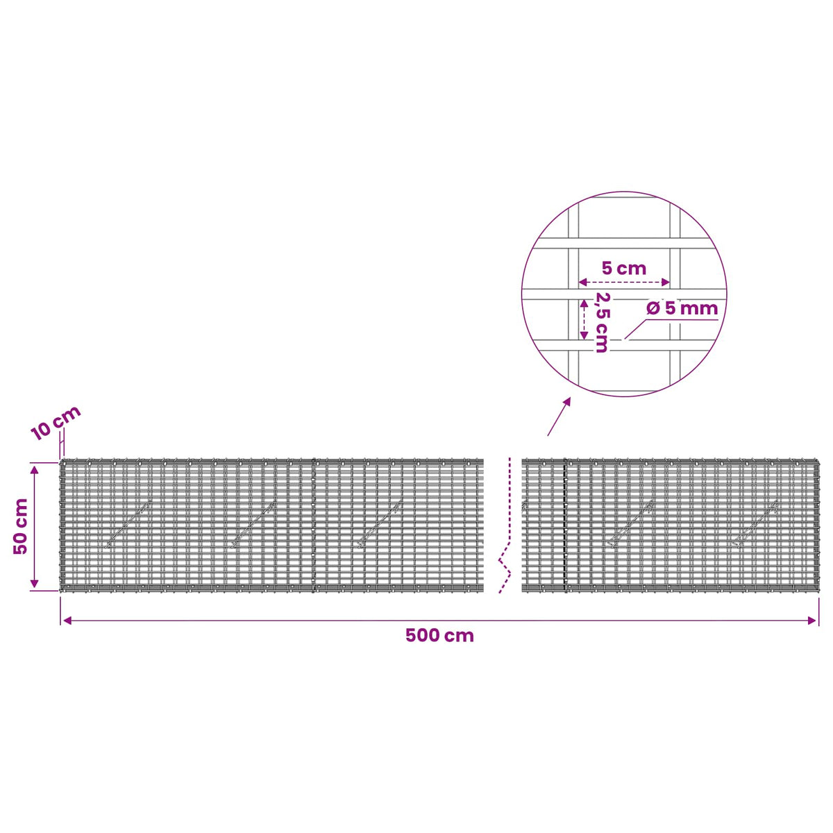 Gabion with 5 mm Wire and 5x2.5 cm Mesh 500x10x50 cm