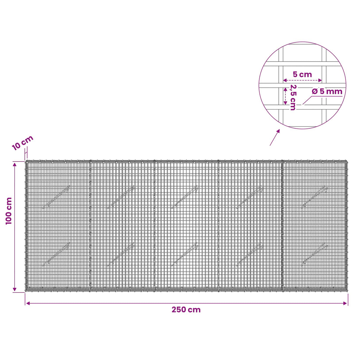 Gabion with 5 mm Wire and 5x2.5 cm Mesh 250x10x100 cm