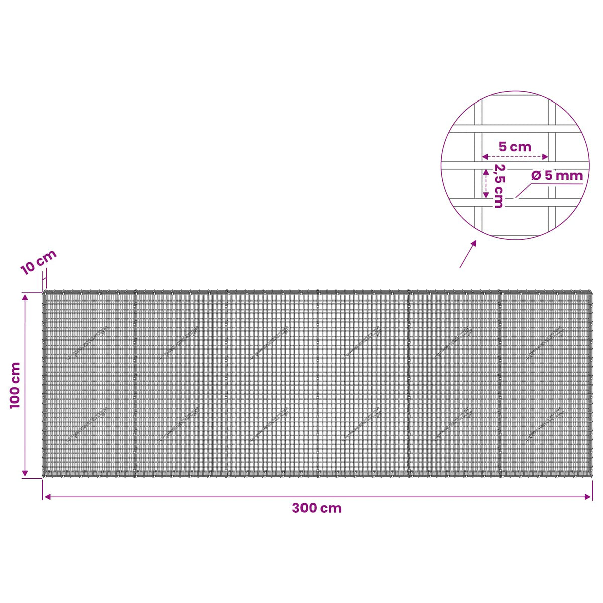Gabion with 5 mm Wire and 5x2.5 cm Mesh 300x10x100 cm