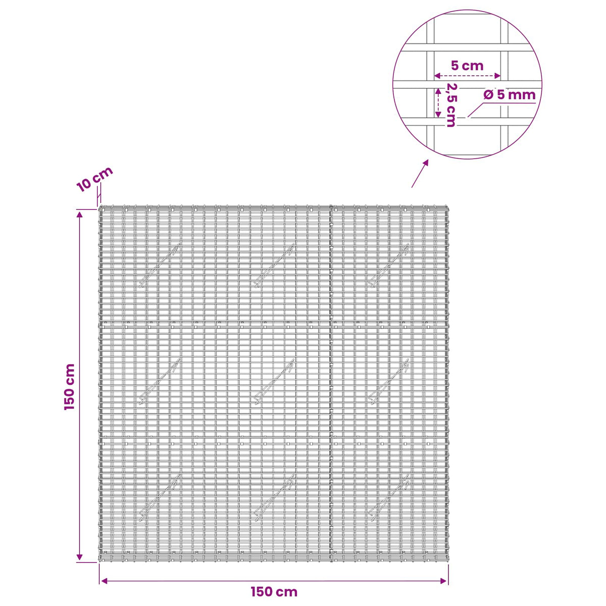 Gabion with 5 mm Wire and 5x2.5 cm Mesh 150x10x150 cm