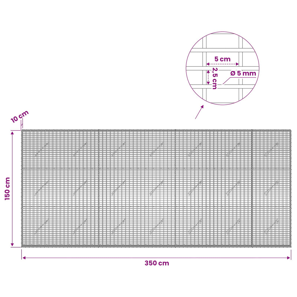 Gabion with 5 mm Wire and 5x2.5 cm Mesh 350x10x150 cm