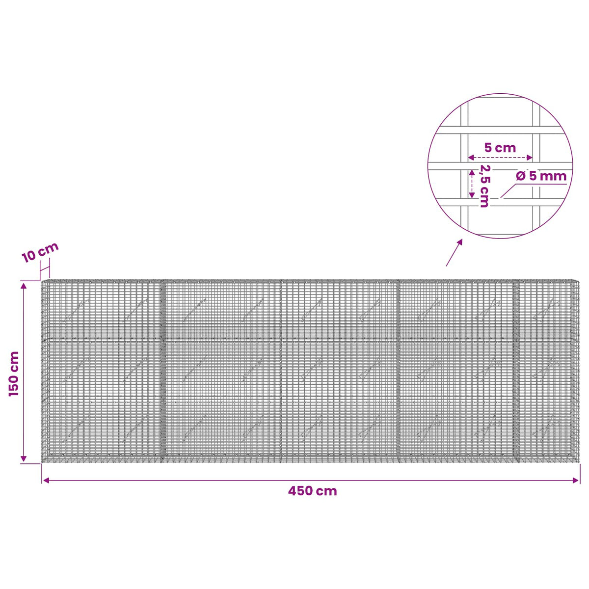 Gabion with 5 mm Wire and 5x2.5 cm Mesh 450x10x150 cm