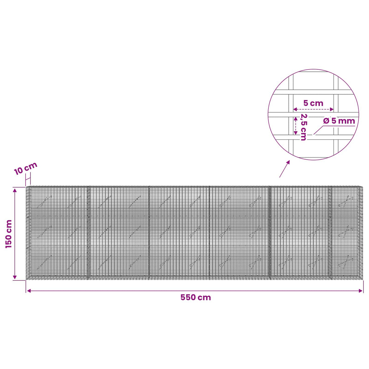 Gabion with 5 mm Wire and 5x2.5 cm Mesh 550x10x150 cm