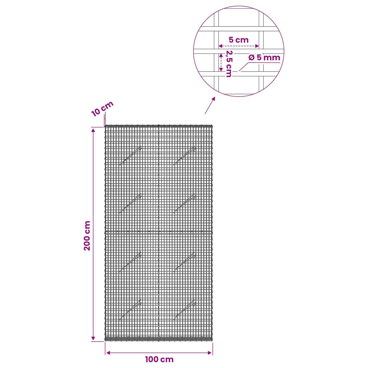 Gabion with 5 mm Wire and 5x2.5 cm Mesh 100x10x200 cm
