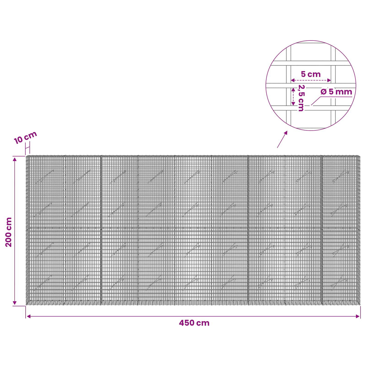 Gabion with 5 mm Wire and 5x2.5 cm Mesh 450x10x200 cm