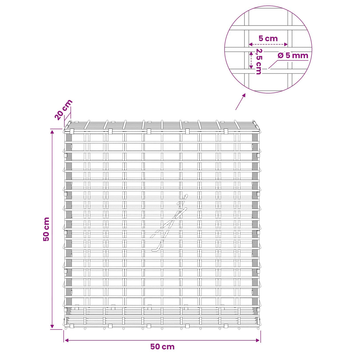 Gabion with 5 mm Wire and 5x2.5 cm Mesh 50x20x50 cm