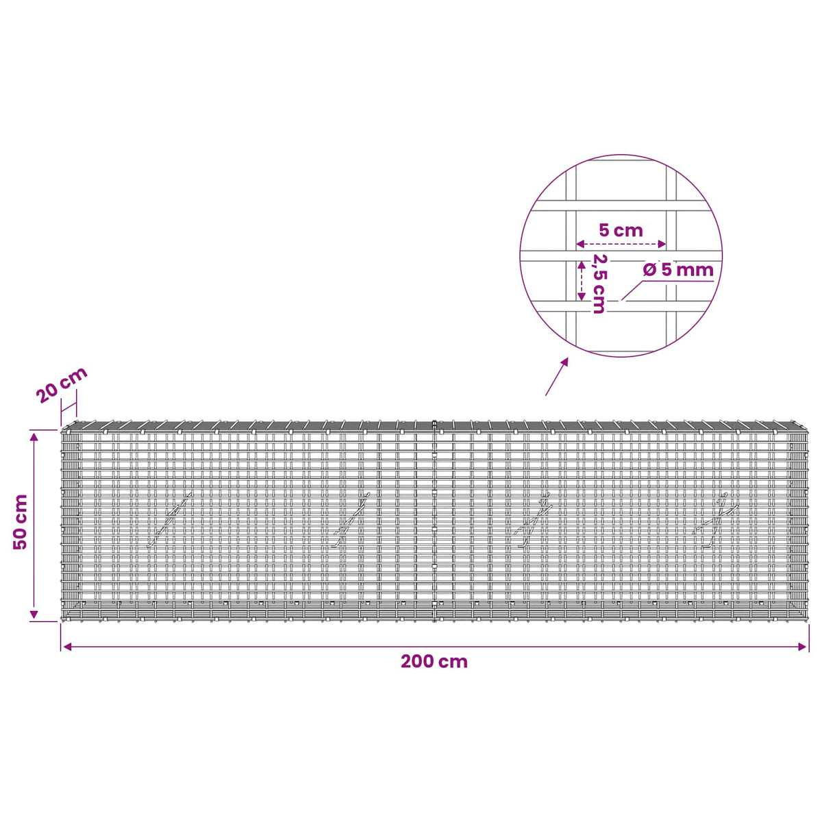 Gabion with 5 mm Wire and 5x2.5 cm Mesh 200x20x50 cm