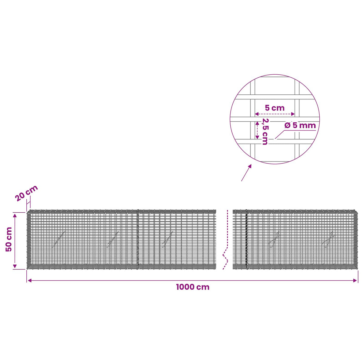 Gabion with 5 mm Wire and 5x2.5 cm Mesh 1000x20x50 cm