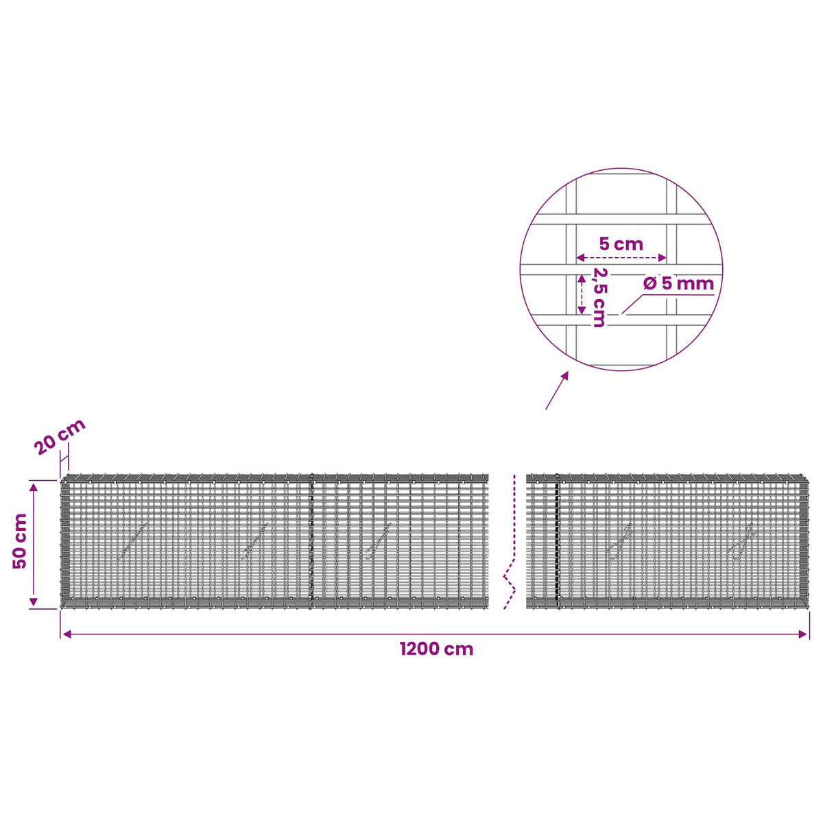 Gabion with 5 mm Wire and 5x2.5 cm Mesh 1200x20x50 cm