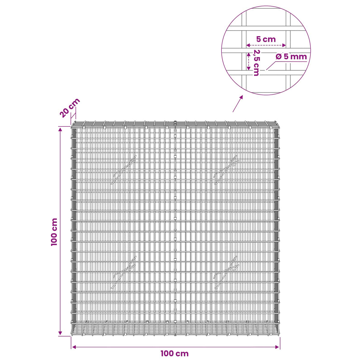 Gabion with 5 mm Wire and 5x2.5 cm Mesh 100x20x100 cm