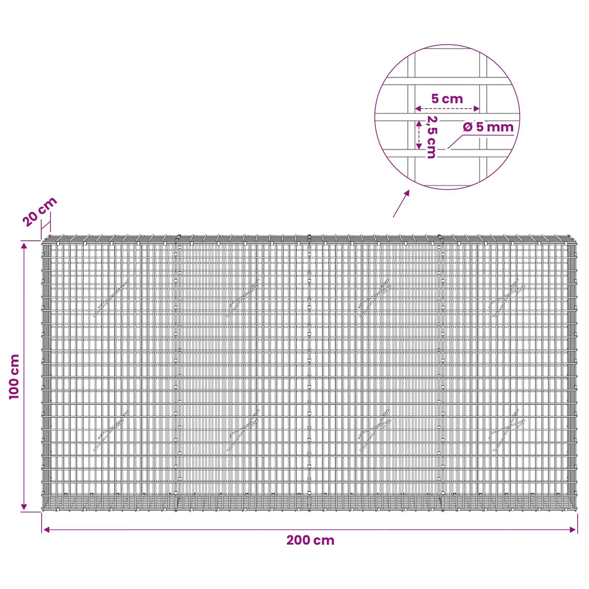 Gabion with 5 mm Wire and 5x2.5 cm Mesh 200x20x100 cm