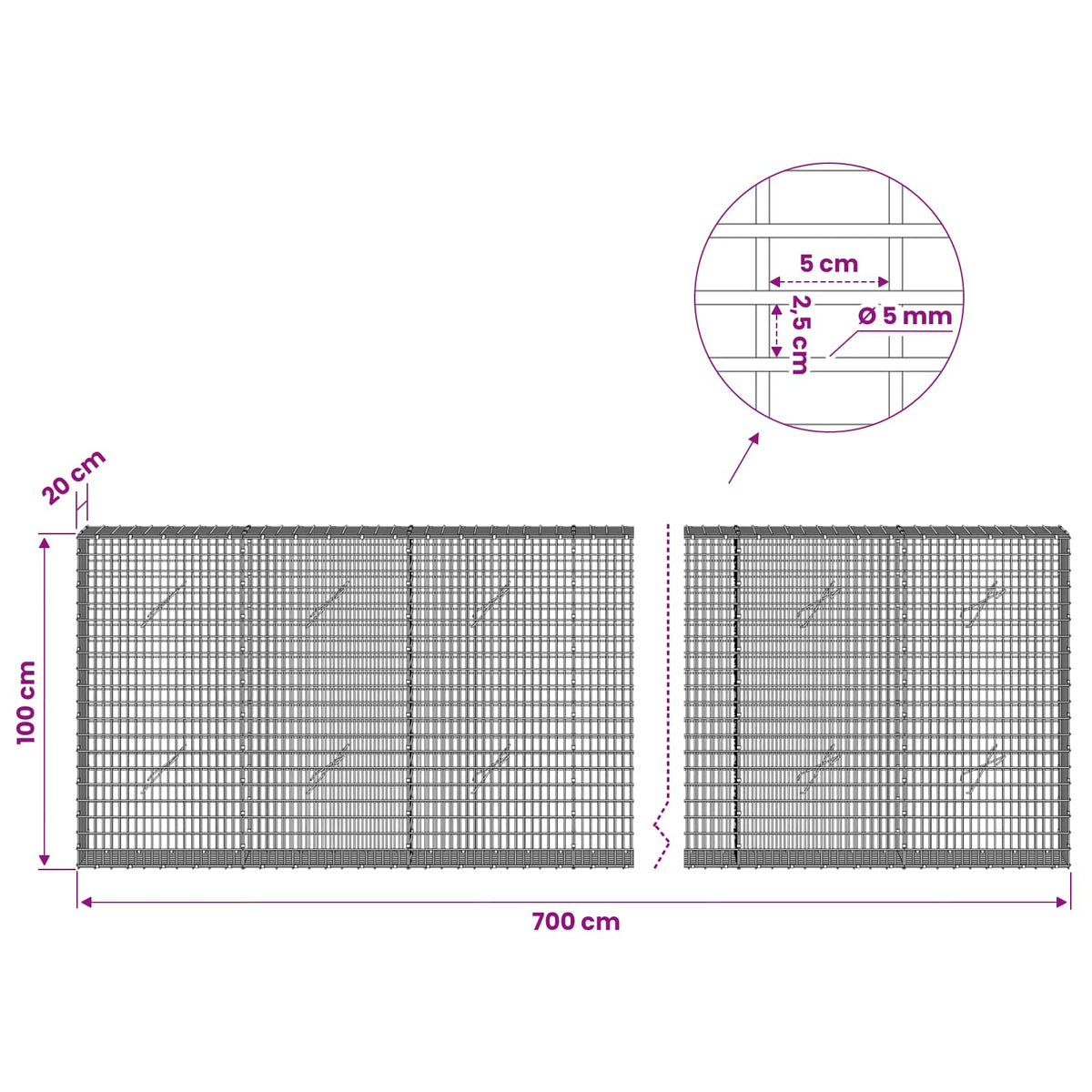 Gabion with 5 mm Wire and 5x2.5 cm Mesh 700x20x100 cm