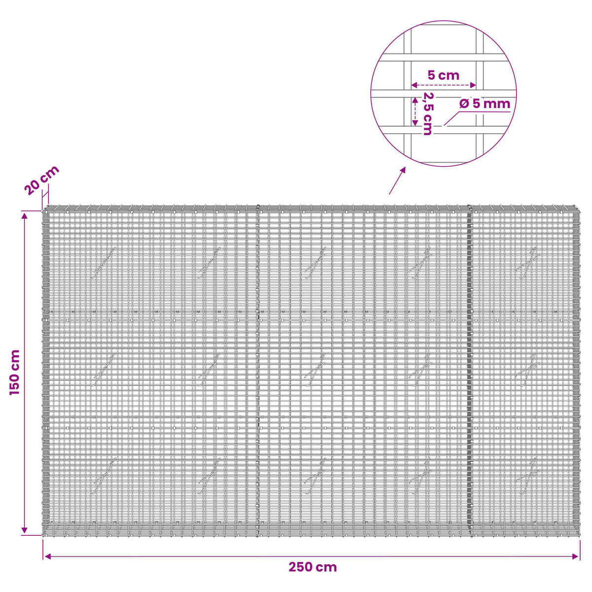 Gabion with 5 mm Wire and 5x2.5 cm Mesh 250x20x150 cm