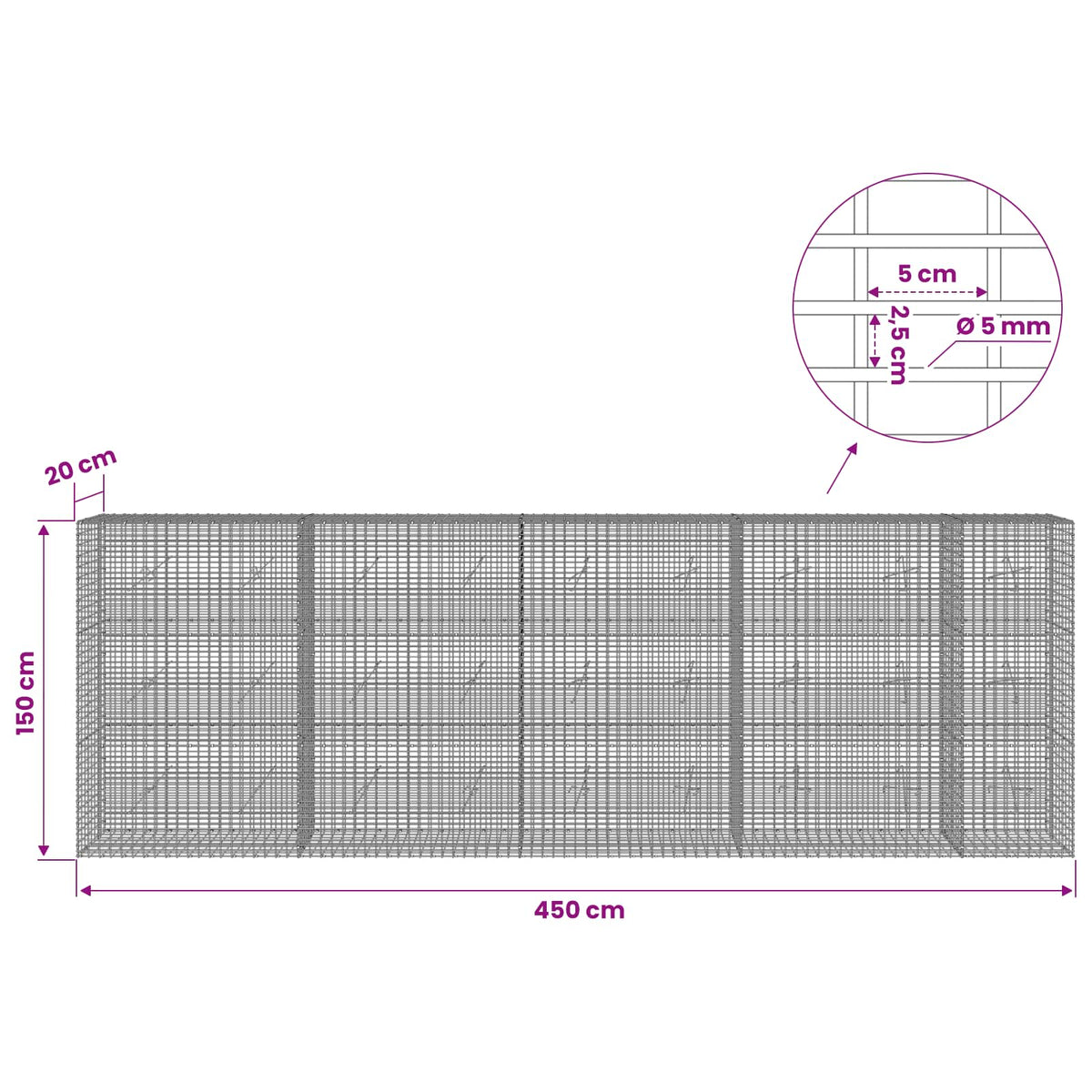 Gabion with 5 mm Wire and 5x2.5 cm Mesh 450x20x150 cm