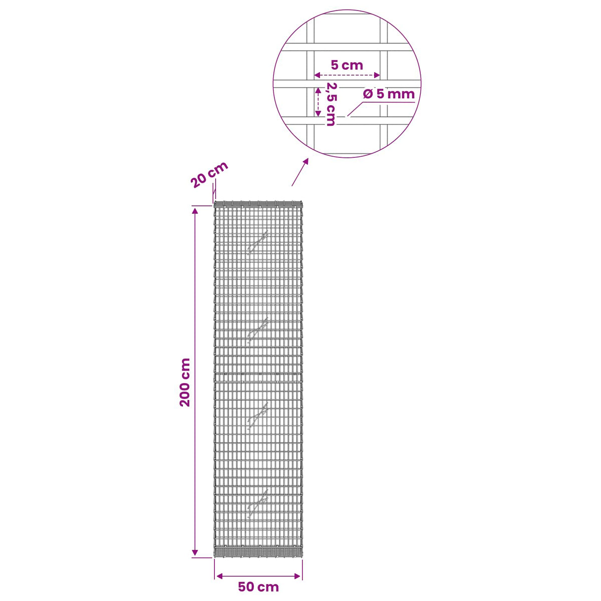 Gabion with 5 mm Wire and 5x2.5 cm Mesh 50x20x200 cm