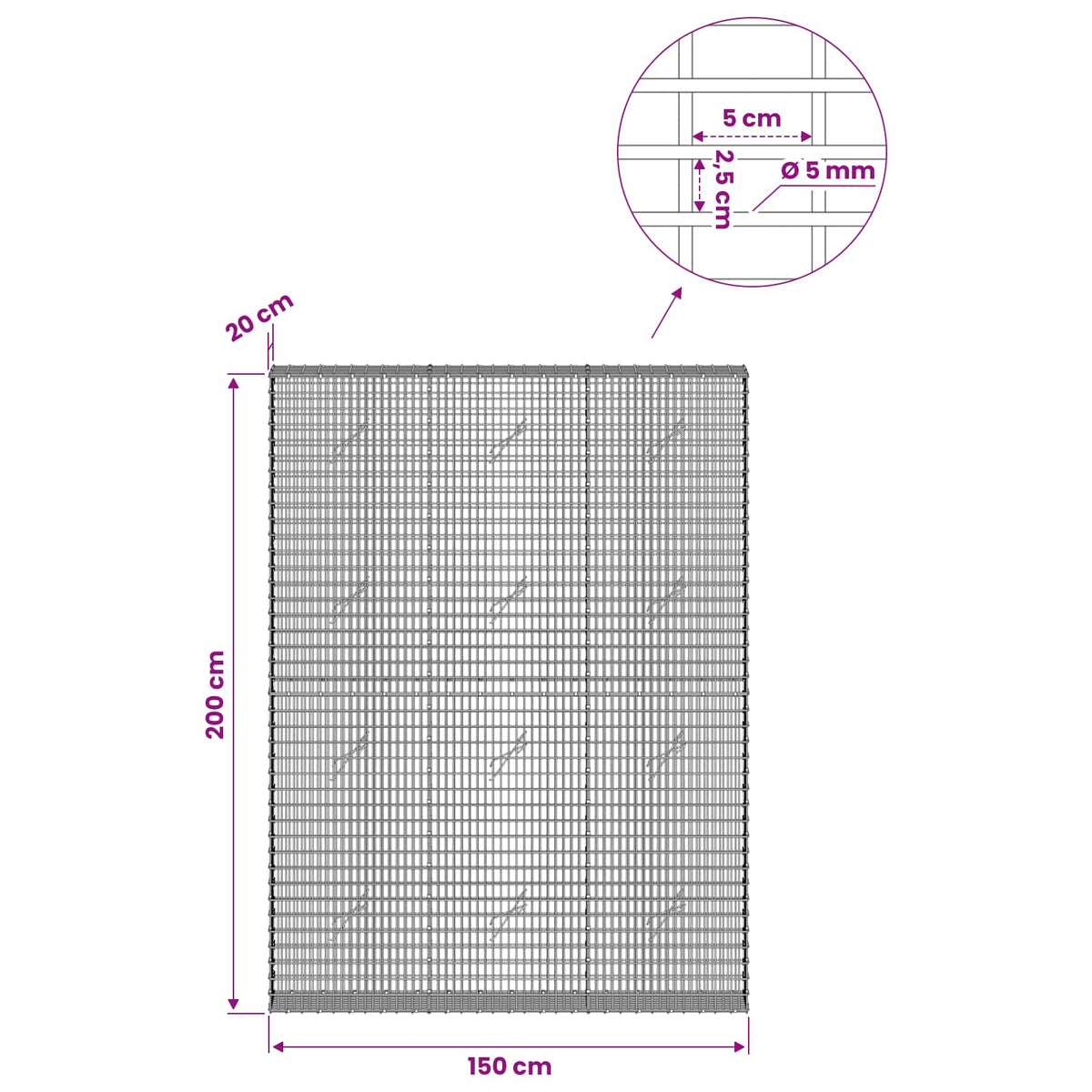 Gabion with 5 mm Wire and 5x2.5 cm Mesh 150x20x200 cm