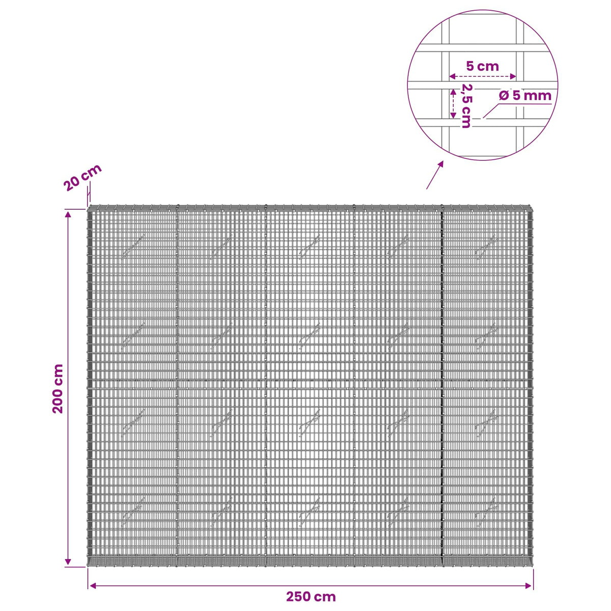 Gabion with 5 mm Wire and 5x2.5 cm Mesh 250x20x200 cm