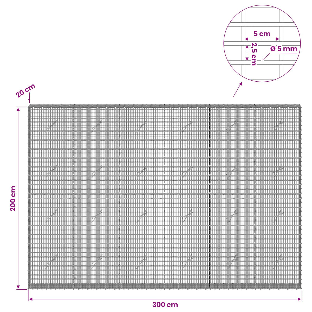 Gabion with 5 mm Wire and 5x2.5 cm Mesh 300x20x200 cm