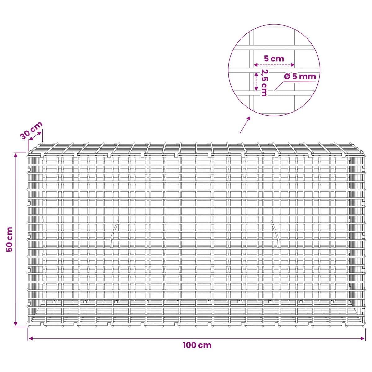 Gabion with 5 mm Wire and 5x2.5 cm Mesh 100x30x50 cm