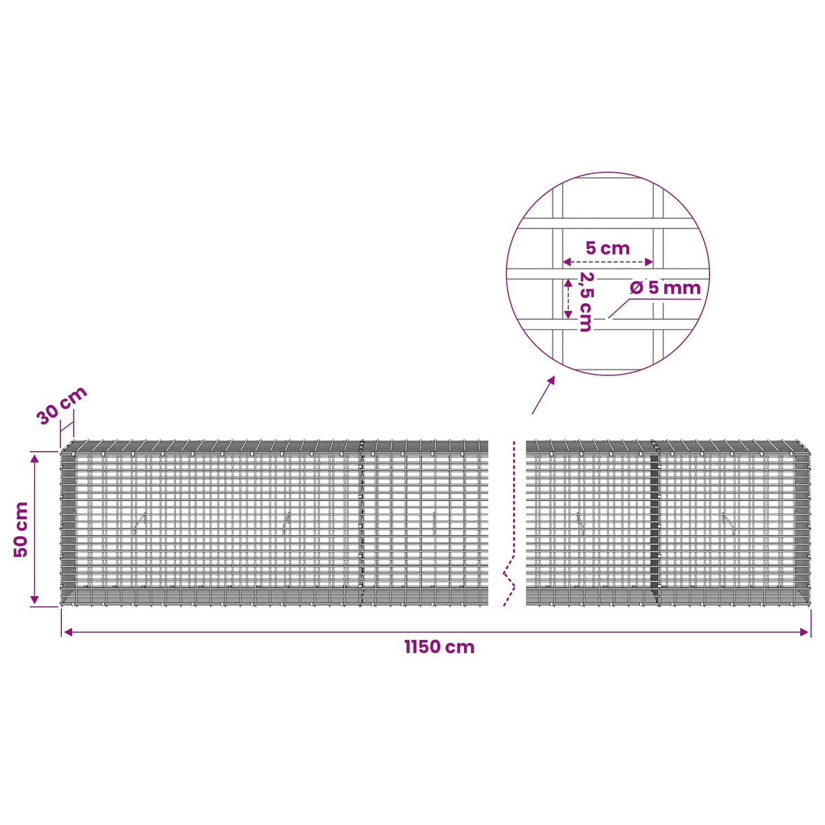 Gabion with 5 mm Wire and 5x2.5 cm Mesh 1150x30x50 cm