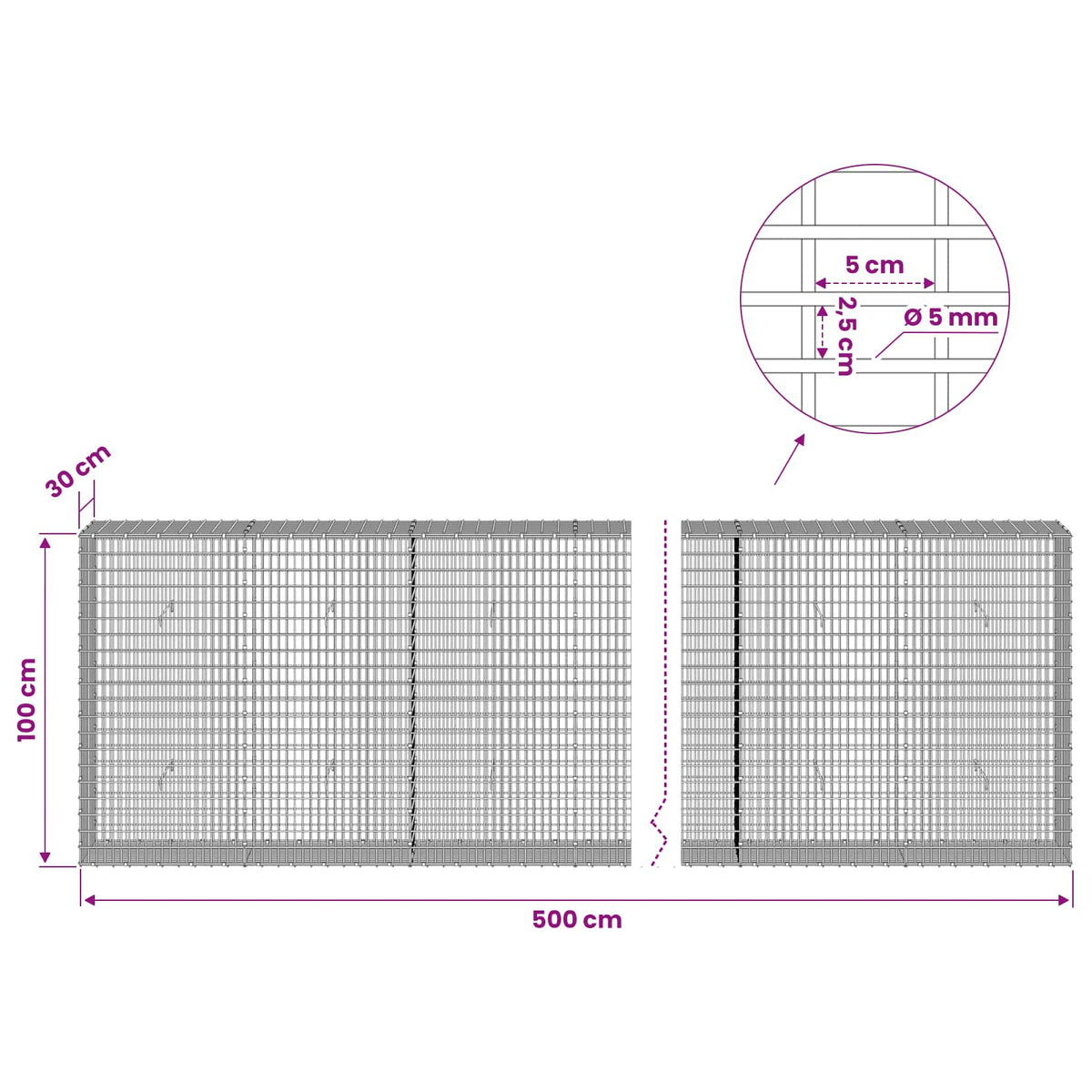 Gabion with 5 mm Wire and 5x2.5 cm Mesh 500x30x100 cm