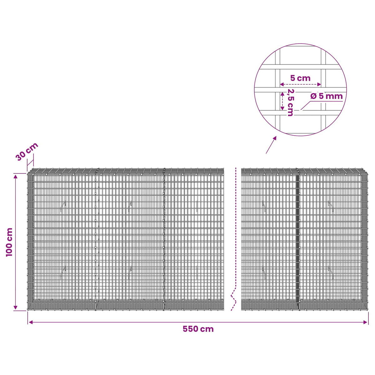 Gabion with 5 mm Wire and 5x2.5 cm Mesh 550x30x100 cm