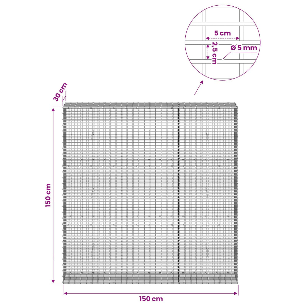 Gabion with 5 mm Wire and 5x2.5 cm Mesh 150x30x150 cm