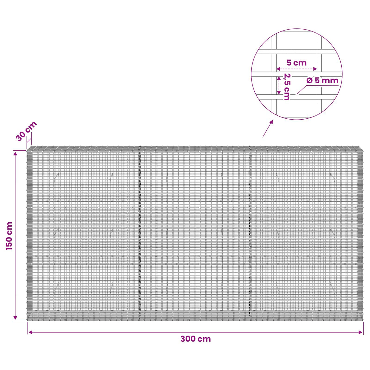 Gabion with 5 mm Wire and 5x2.5 cm Mesh 300x30x150 cm