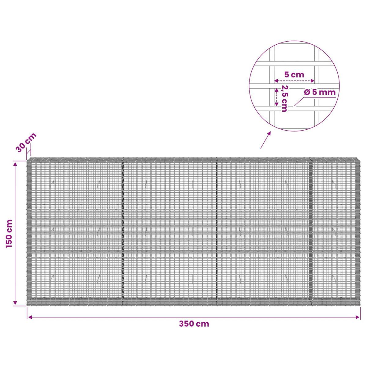 Gabion with 5 mm Wire and 5x2.5 cm Mesh 350x30x150 cm