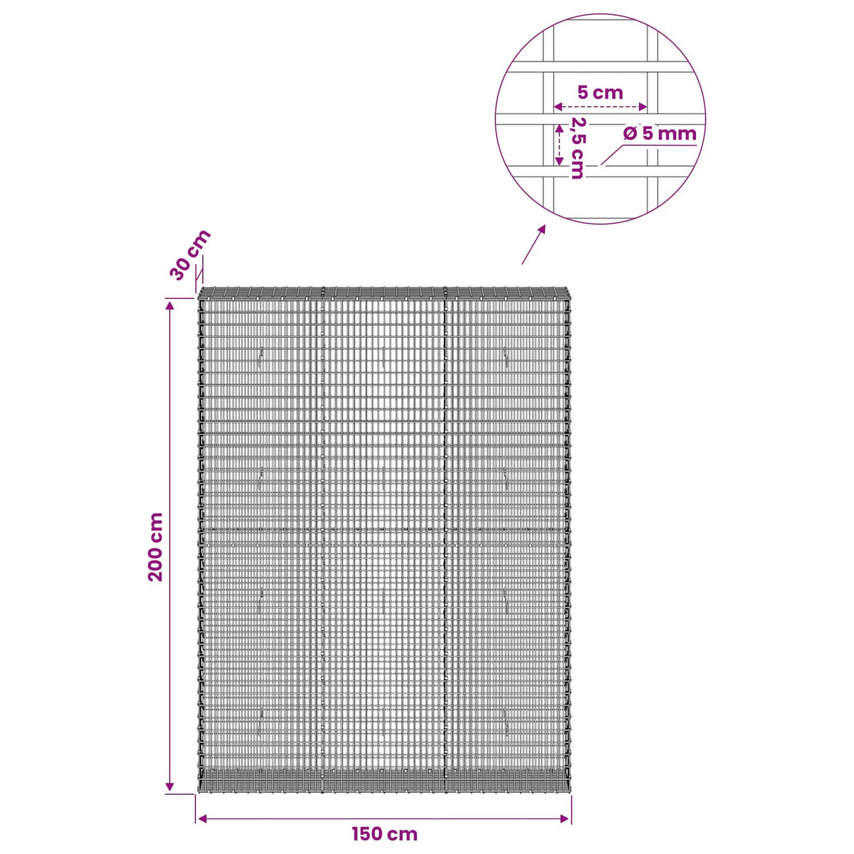 Gabion with 5 mm Wire and 5x2.5 cm Mesh 150x30x200 cm