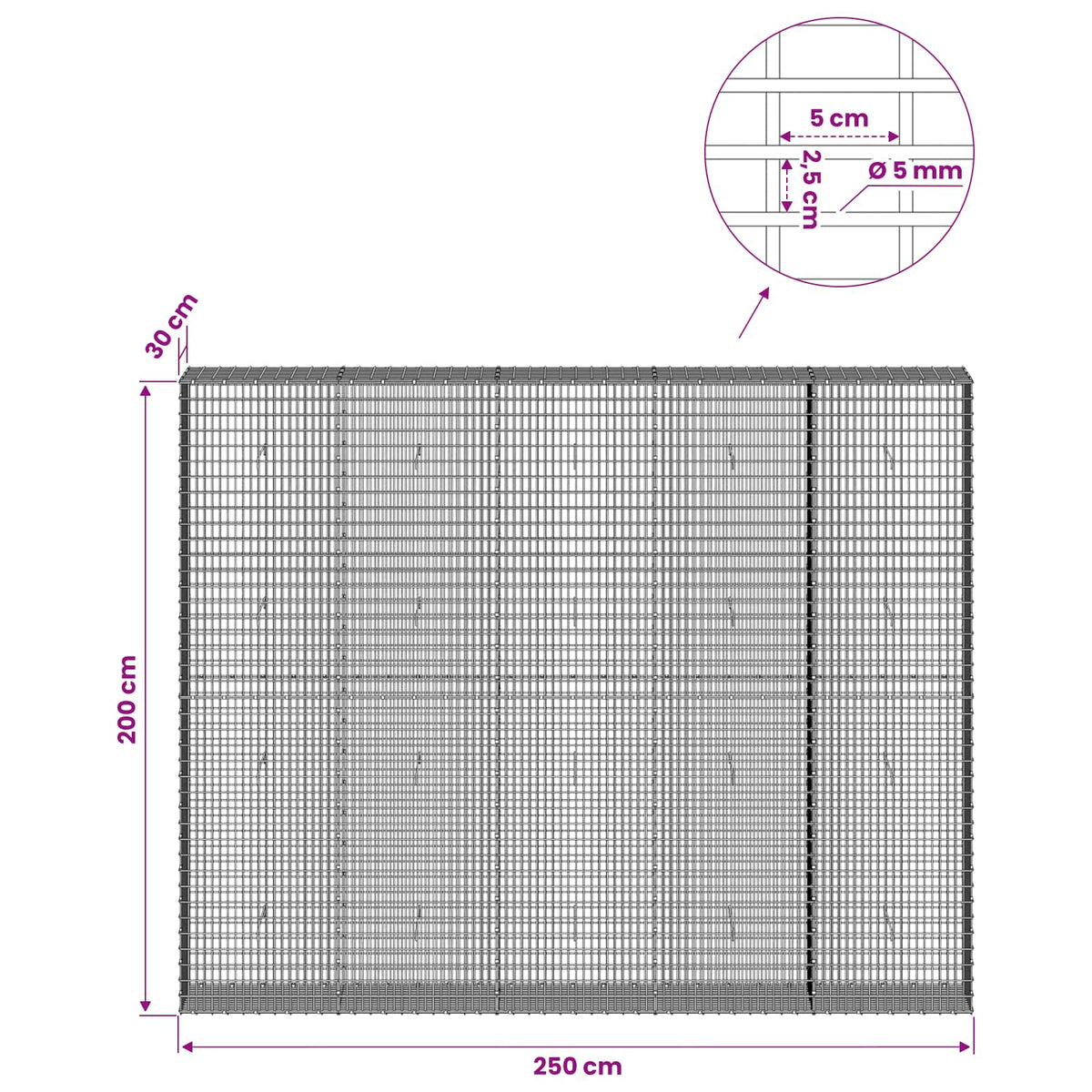 Gabion with 5 mm Wire and 5x2.5 cm Mesh 250x30x200 cm