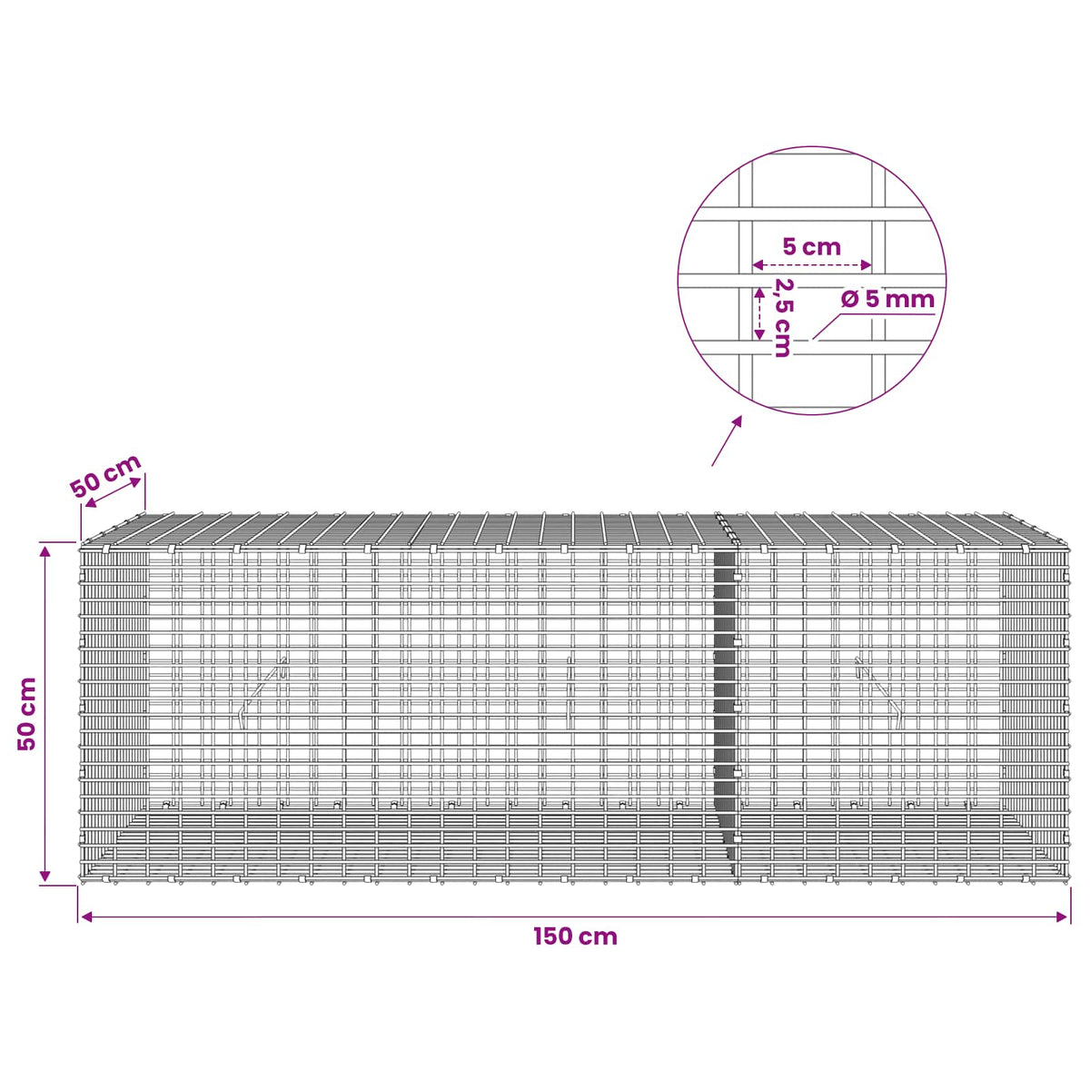 Gabion with 5 mm Wire and 5x2.5 cm Mesh 150x50x50 cm