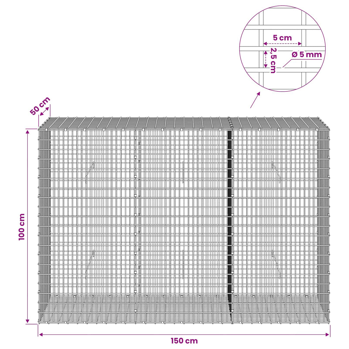 Gabion with 5 mm Wire and 5x2.5 cm Mesh 150x50x100 cm