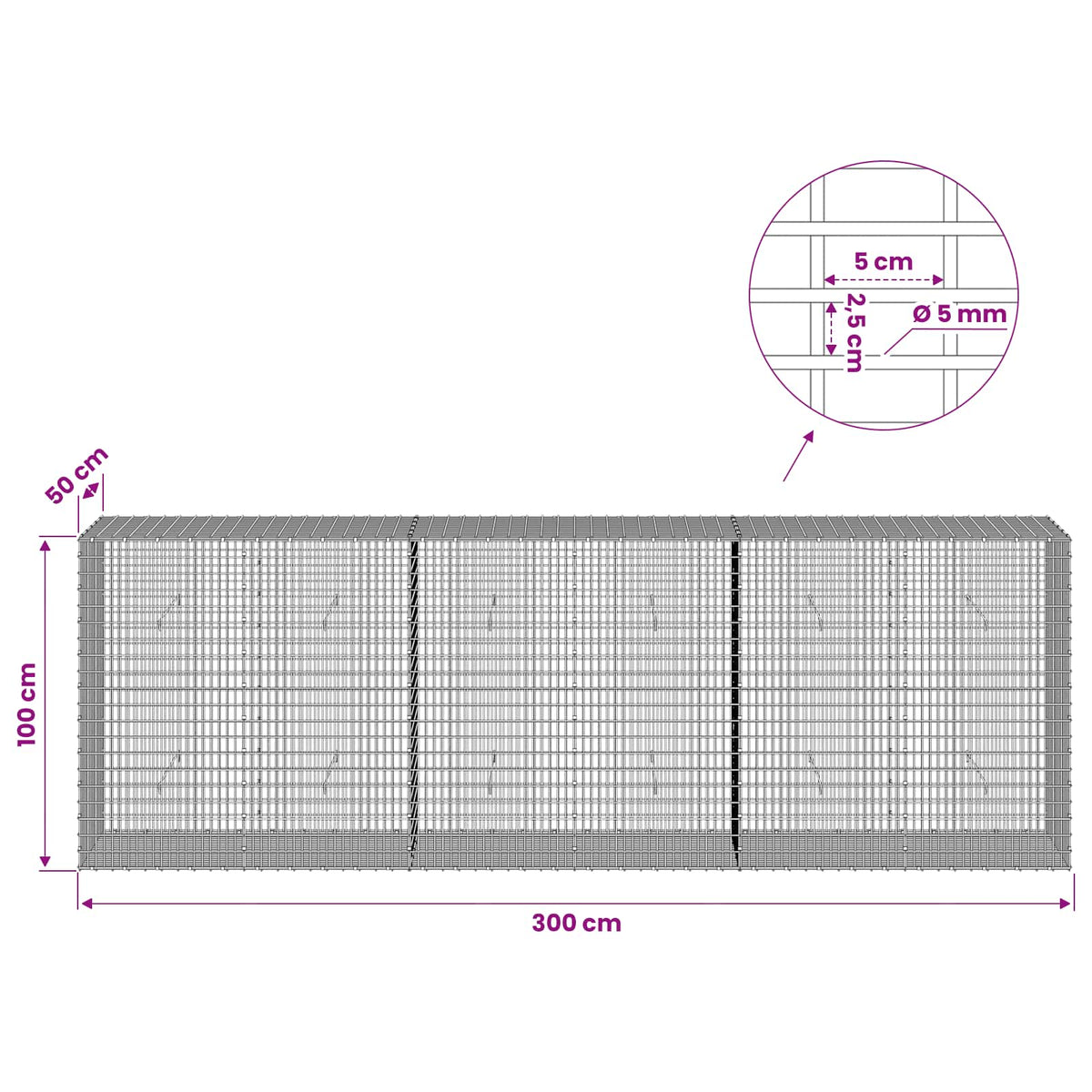 Gabion with 5 mm Wire and 5x2.5 cm Mesh 300x50x100 cm