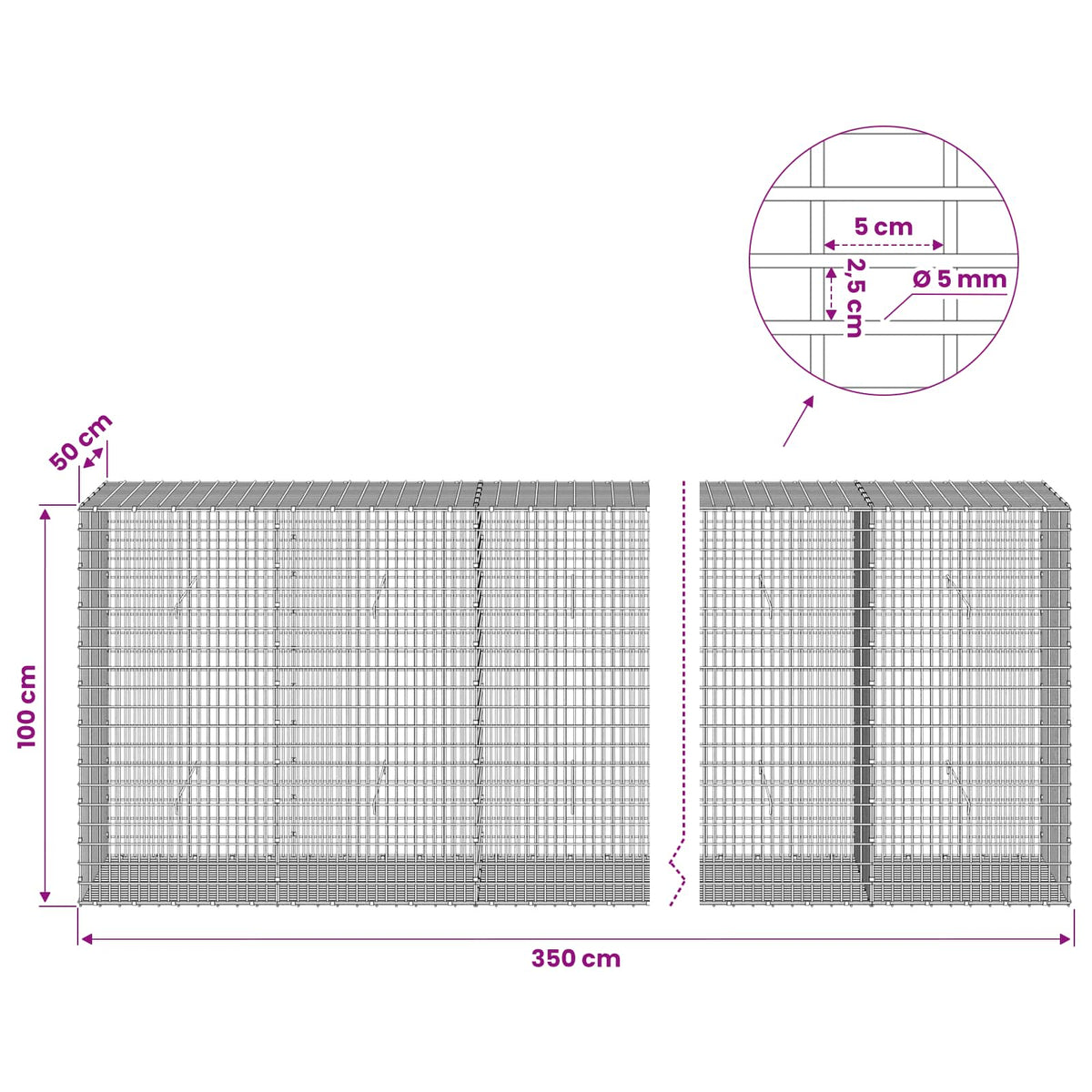 Gabion with 5 mm Wire and 5x2.5 cm Mesh 350x50x100 cm