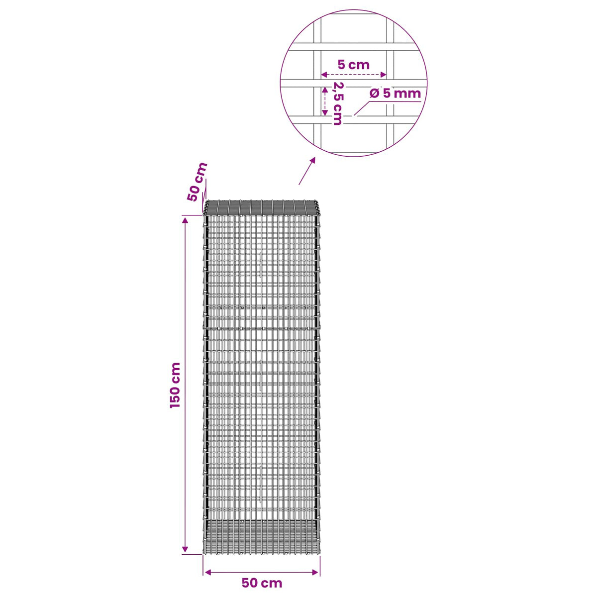 Gabion with 5 mm Wire and 5x2.5 cm Mesh 50x50x150 cm