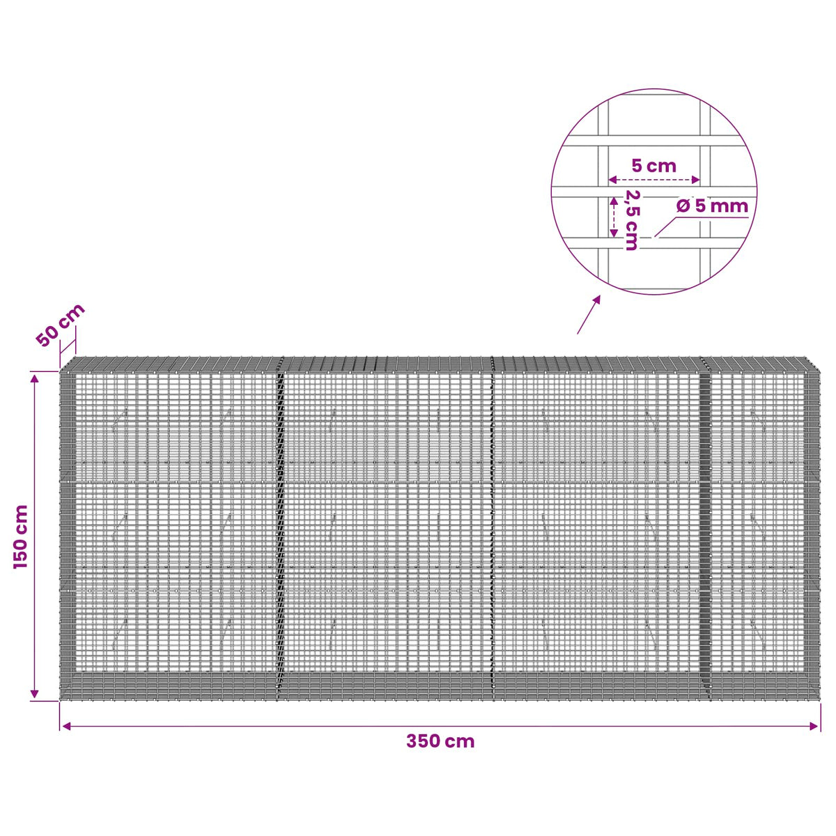 Gabion with 5 mm Wire and 5x2.5 cm Mesh 350x50x150 cm