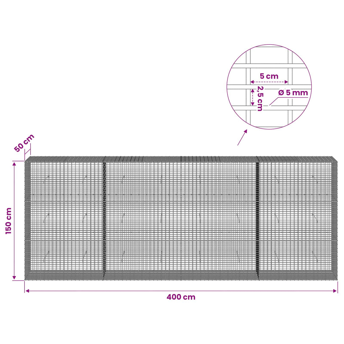 Gabion with 5 mm Wire and 5x2.5 cm Mesh 400x50x150 cm
