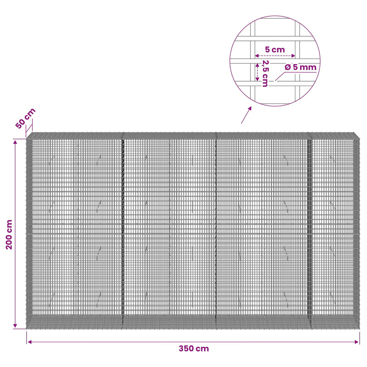 Gabion with 5 mm Wire and 5x2.5 cm Mesh 350x50x200 cm