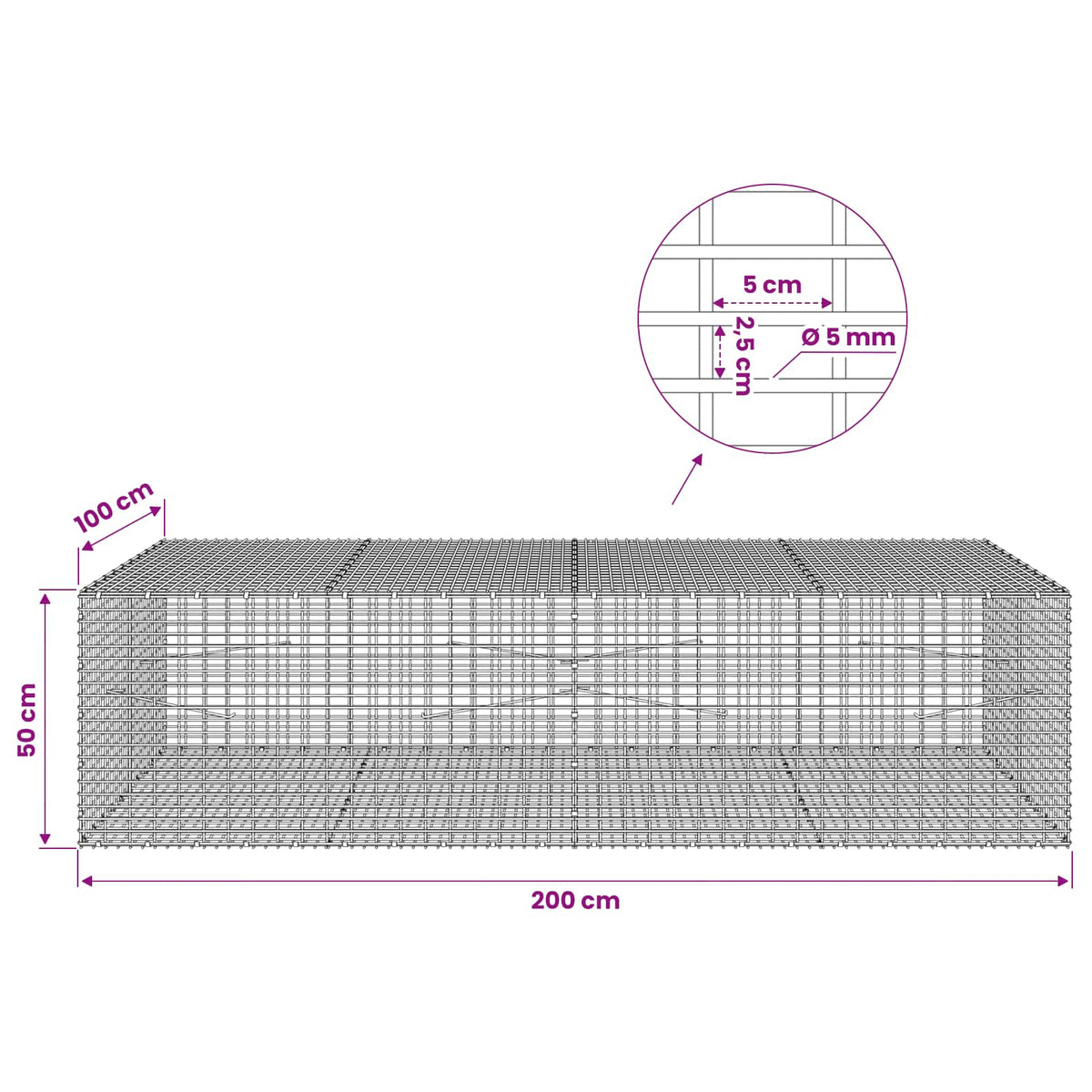 Gabion with 5 mm Wire and 5x2.5 cm Mesh 200x100x50 cm