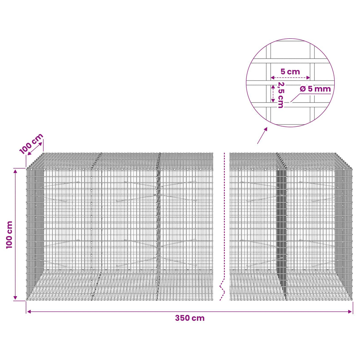 Gabion with 5 mm Wire and 5x2.5 cm Mesh 350x100x100 cm