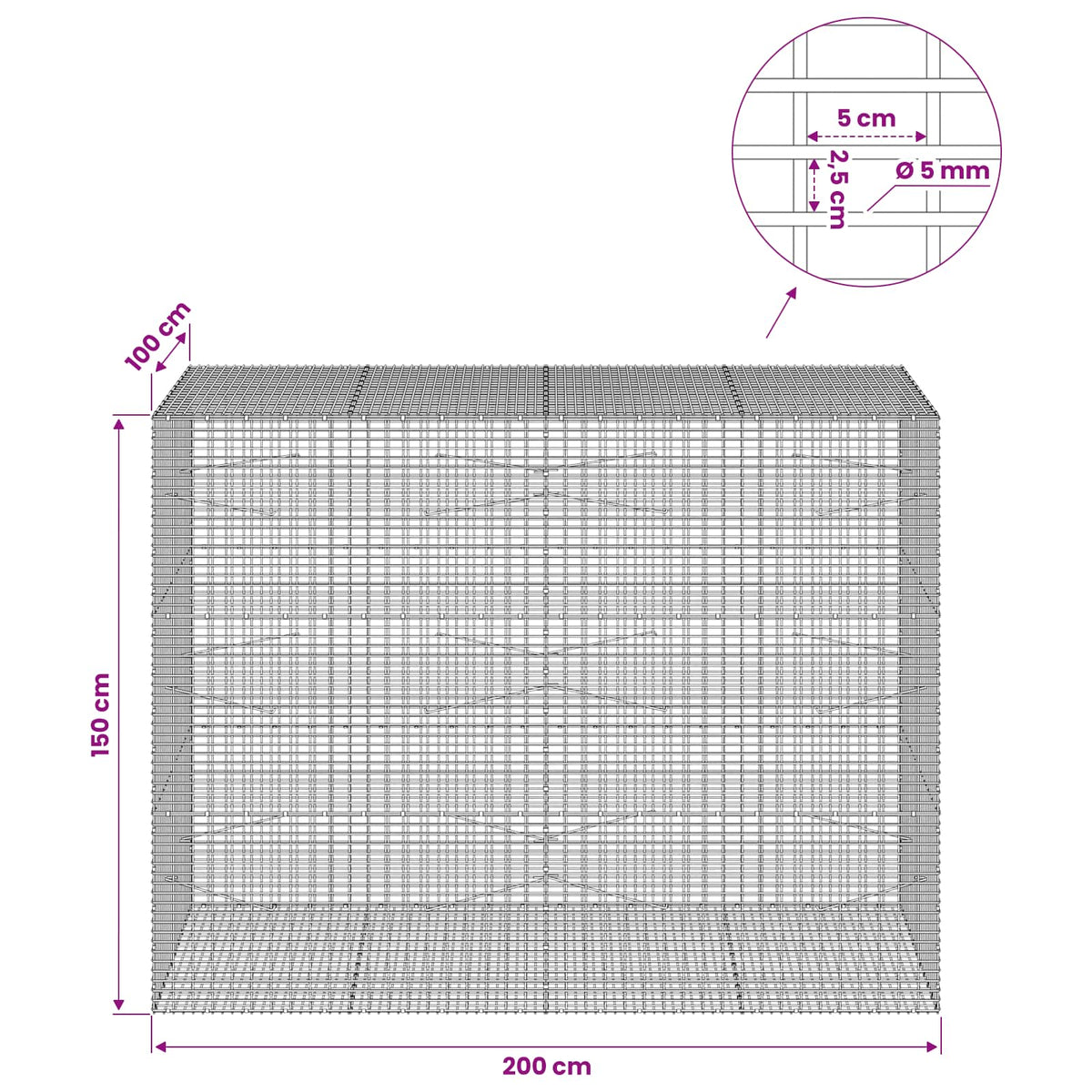 Gabion with 5 mm Wire and 5x2.5 cm Mesh 200x100x150 cm