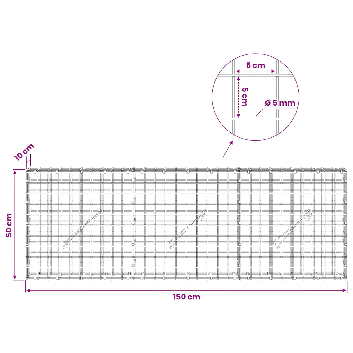 Gabion with 5 mm Wire and 5x5 cm Mesh 150x10x50 cm