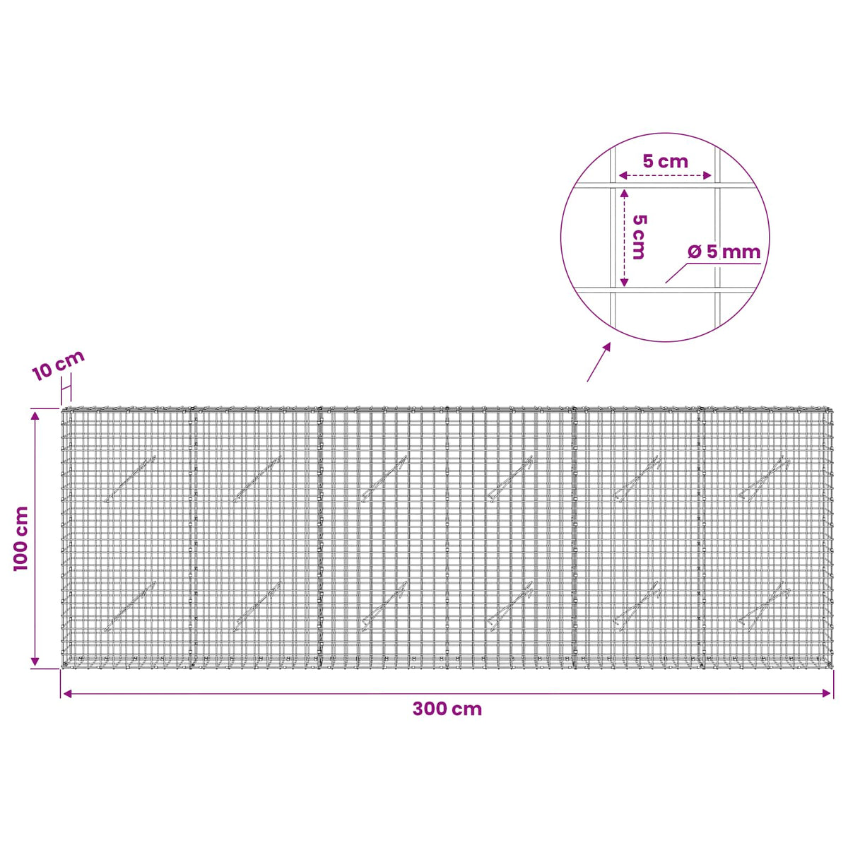 Gabion with 5 mm Wire and 5x5 cm Mesh 300x10x100 cm