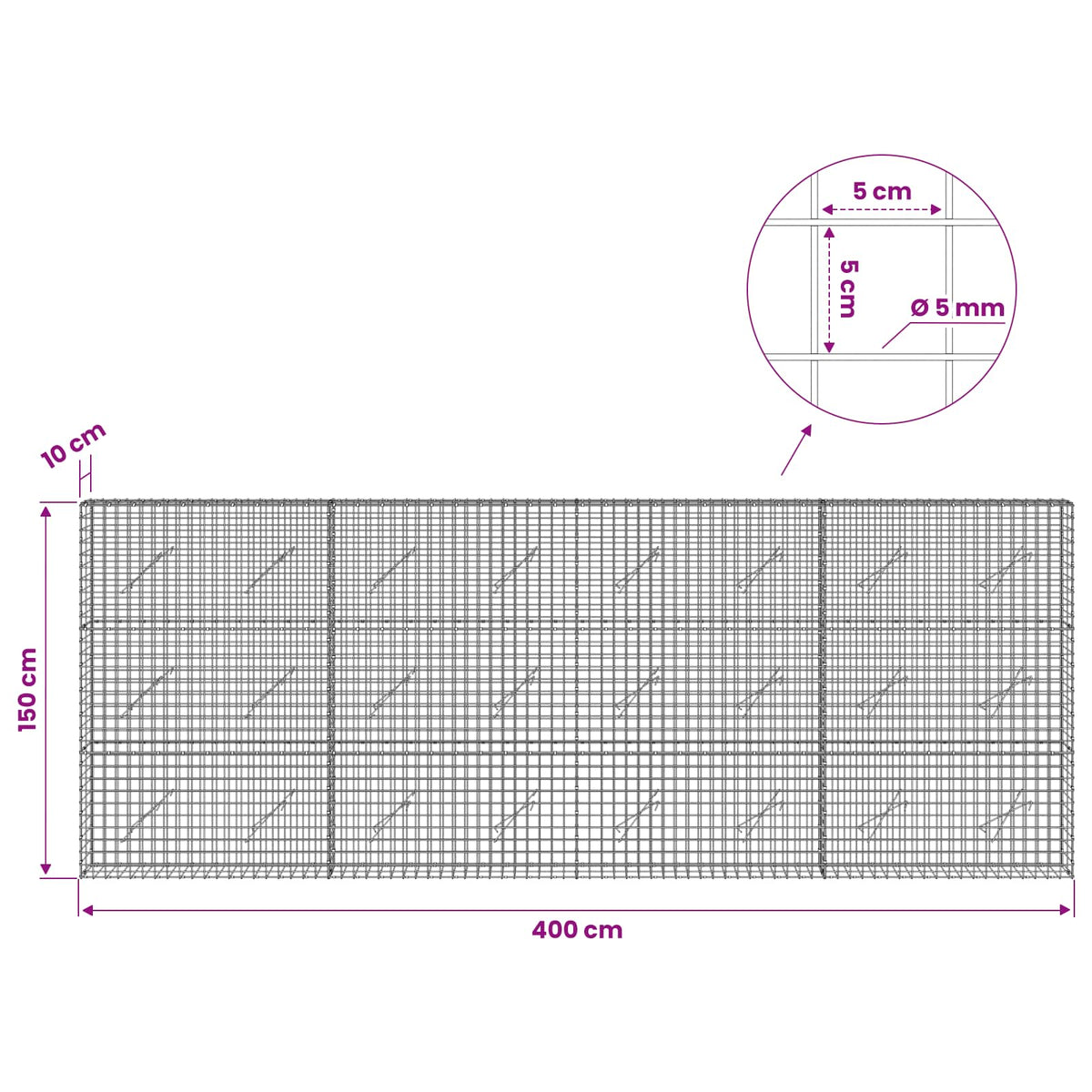 Gabion with 5 mm Wire and 5x5 cm Mesh 400x10x150 cm